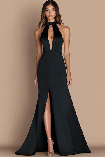 Black Satin Halter Cut Out Mermaid Formal Dress with Slit